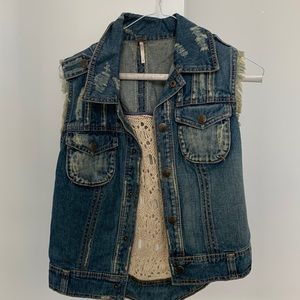 Free People Denim Crochet Vest